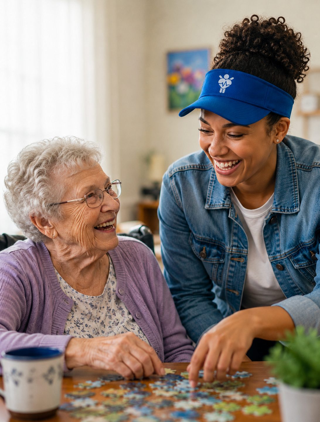 Vital Health Staffing caregiver laughing with a senior client while doing a puzzle together